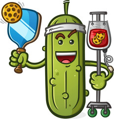Pickle Cartoon Mascot wearing a Sweatband and holding a Paddle and Ball, Pickleball is in my blood vector character illustration - 609728448