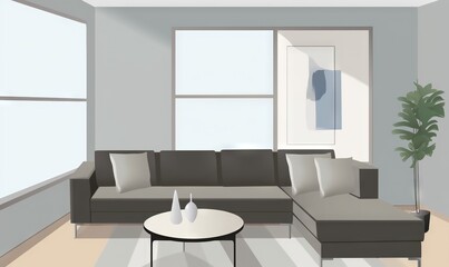  a drawing of a living room with a couch and a coffee table in it and a potted plant in the corner of the room.  generative ai