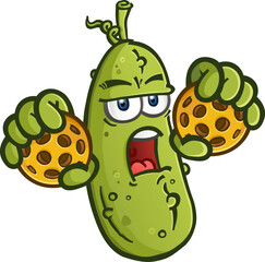 A grumpy old pickle cartoon character holding a couple pickleballs in his fists and ready to start some trouble on the court vector illustration