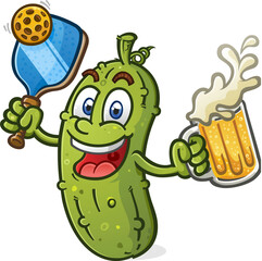 Pickle Cartoon Mascot holding a Pickleball Paddle and Ball and drinking a big mug of beer vector illustration - 609728479