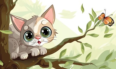 Obraz premium a cat sitting on a tree branch with a butterfly in the background of the picture and a butterfly on the tree branch in the foreground. generative ai