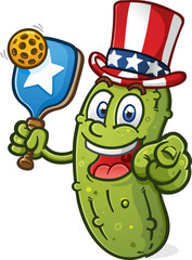 A patriotic pickle uncle sam cartoon mascot pointing at you and wearing an uncle sam hat ready to serve up some all american action on the pickleball court vector illustration