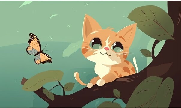  a cat sitting on a tree branch with a butterfly flying above it and another cat sitting on a branch in the foreground of the picture.  generative ai