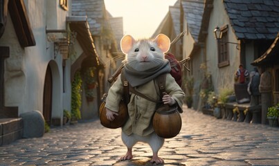  a mouse with a scarf on walking down a cobblestone street in a village with people in the background and a woman carrying a purse on her back.  generative ai