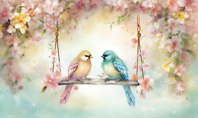  a painting of two birds sitting on a branch with flowers in the background and one bird on a branch with flowers in the foreground.  generative ai