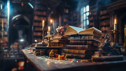 Banner or header image with stack of antique leather books in library. literature or reading concept. Partially Generative AI.