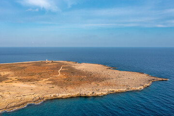 Cyprus - Cape Greco peninsula with an lighthouse from drone view, it is the easternmost point of Europe