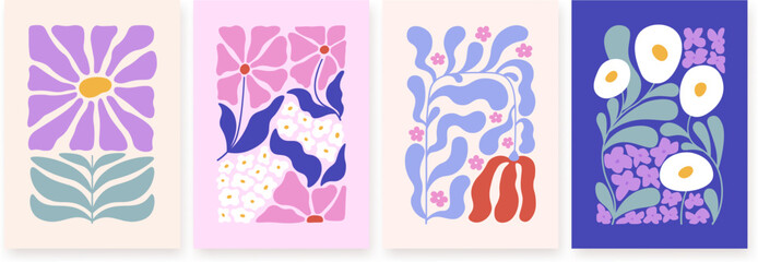 Contemporary doodle flowers wall posters. Floral abstract covers, decorative plants and flower cards. Racy matisse inspired vector graphic design