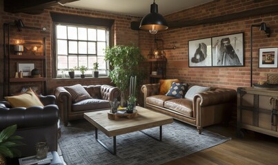 Naklejka premium a living room with a couch, chair, table, and a potted plant on a coffee table in front of a brick wall. generative ai