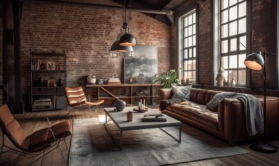  a living room with a couch, chair, table, and a window with a view of the outside of the room and a brick wall.  generative ai