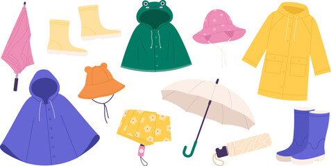 Autumn boots and accessories. Raincoat, umbrella and hat. Colorful rainy season clothers. Adults and childs raincoats, racy cartoon vector graphic