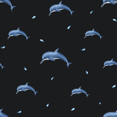 Watercolor underwater seamless pattern of swimming dolphins isolated on black background. Print for design, background, menus, wallpaper, fabric, textile, wrapping.
