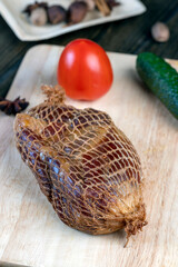 Fototapeta na wymiar dried red pork meat on the kitchen table