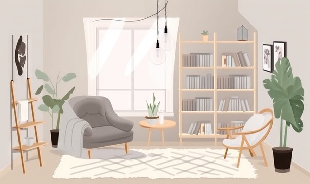  a living room with a chair, bookshelf and a potted plant in the corner of the room, and a bookshelf in the corner of the room.  generative ai