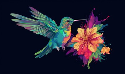 Obraz premium a colorful hummingbird with a flower in the foreground and a black background with a blue sky in the back ground and a black background with a blue sky. generative ai