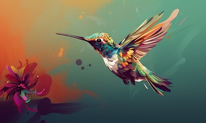  a colorful hummingbird flying over a flower on a green and orange background with a splash of paint on it's back side of the image.  generative ai