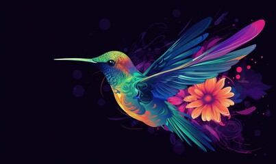  a colorful hummingbird with a flower in its beak on a black background with a splash of paint on the wing and the tail of the hummingbird's wings.  generative ai