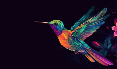 Fototapeta premium a colorful hummingbird flying through the air with its wings spread out and flowers in the foreground and a black background with a dark background. generative ai