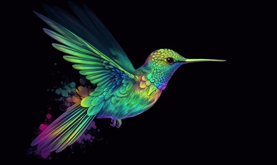  a colorful hummingbird flying in the air with its wings spread out and its wings spread wide, with a black background and a splash of paint splats.  generative ai