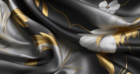 Luxurious Black and Gold Silk Fabric with Flower Motif. Generative AI