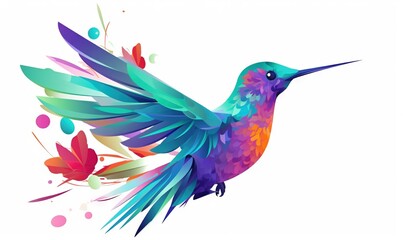  a colorful hummingbird flying with colorful flowers and butterflies on it's back legs, with a white back ground and a white back ground.  generative ai