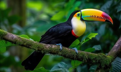  a colorful toucan perched on a branch in a forest with lots of green leaves and a bright yellow beak with a black and red stripe.  generative ai