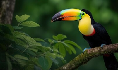  a colorful toucan sitting on a branch in a tree with green leaves in the foreground and a dark green forest in the background.  generative ai