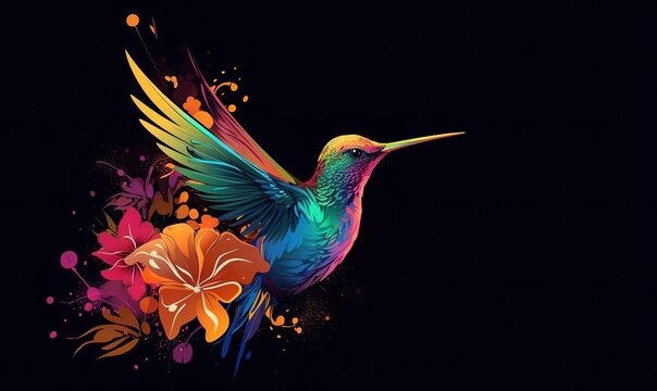  a colorful hummingbird with a flower on its back side and a black background with a splash of paint on the side of the image.  generative ai