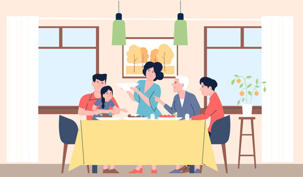 Family dinner with grandparents. People eating meal, thanksgiving or christmas evening at home. Traditional holiday lunch, recent vector scene