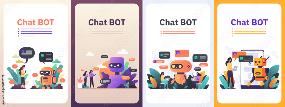 Poster chatbot robot providing online assistance. chat gpt conversation with a person. use of ai in custome