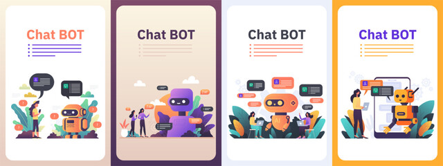 Fototapeta na wymiar Chatbot robot providing online assistance. Chat GPT conversation with a person. Use of AI in customer service and support or messaging. Vector illustration