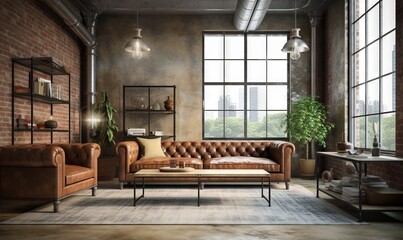  a living room with a couch, chair, table, and a large window with a view of a city outside the window and a rug on the floor.  generative ai