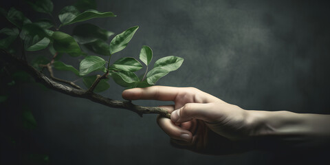 hand holding a plant, a tree branch, planting, nature, growing a plant, planting a tree, generative ai