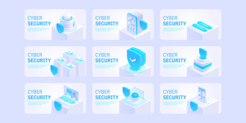 Cyber security concept. Antivirus, encryption, cloud data protection. Software development. Safety internet. Online information protect. Digital technology isometric vector background.