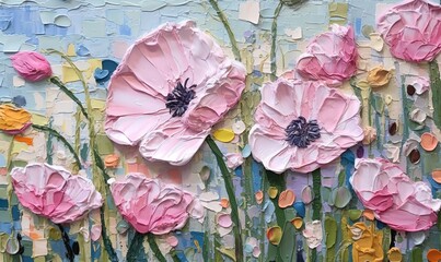  a painting of pink flowers on a blue and green background with circles of paint on the bottom half of the painting and the bottom half of the painting of the painting.  generative ai