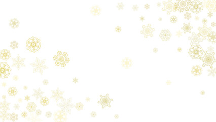 Glitter snowflakes frame on white horizontal background. Shiny Christmas and New Year frame for gift certificate, ads, banners, flyers. Falling snow with golden glitter snowflakes for party invite