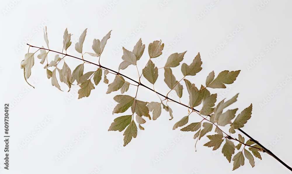 Wall mural a branch of a tree with leaves on it's branch and a white background behind it, with a small bird pe
