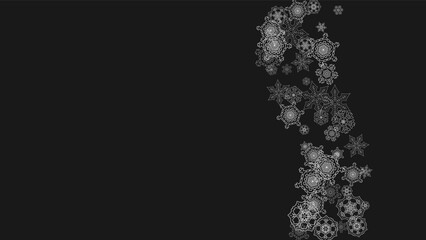 Silver snowflakes frame on black background. Horizontal shiny Christmas and New Year frame for gift certificate, ads, banners, flyers. Falling snow with glitter silver snowflakes for party invite