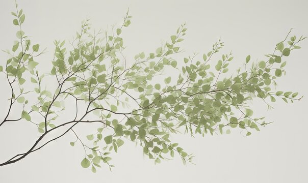  a tree branch with green leaves against a white background with a sky in the background of the picture and a white sky in the background.  generative ai
