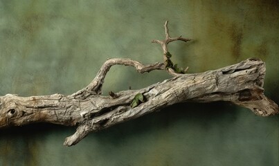  a branch of a dead tree with green leaves on a green background with a rusted metal wall and a green wall with a rusted tint.  generative ai