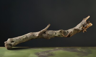  a branch of a tree that has fallen over on a table with green paint on the surface and a black background behind it, with a black background.  generative ai