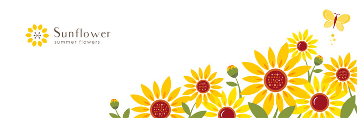 ひまわりのバナー背景 シンプル＆フラットな夏の花飾りイラスト