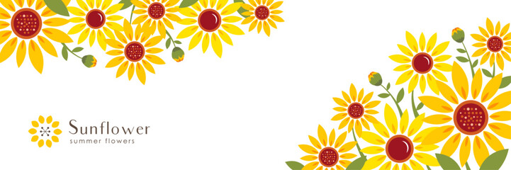 ひまわりのバナー背景 シンプル＆フラットな夏の花飾りイラスト