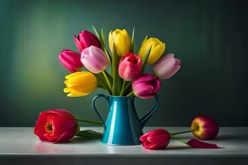 A bouquet of colorful tulips, each one displaying a different hue and pattern