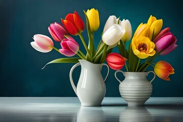 A bouquet of colorful tulips, each one displaying a different hue and pattern