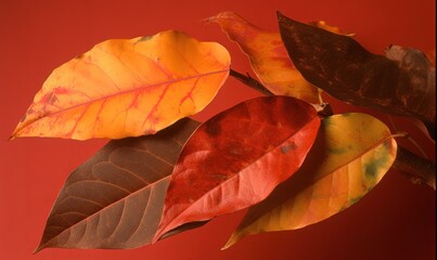  a group of leaves that are on a branch with a red wall in the back ground behind them is a red wall with a red wall in the background.  generative ai