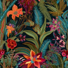 Flower Garden Embroidery Digital Paper, Seamless Flower Embroidery Pattern, Seamless Embroidered Flower Garden Texture