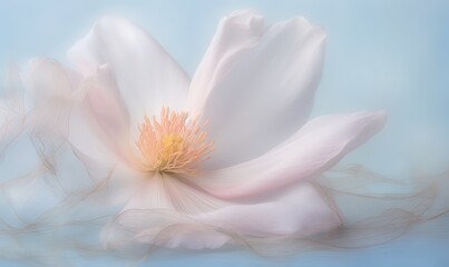  a large white flower with a yellow center on a blue background with a blurry background of water and light colored feathers in the foreground.  generative ai