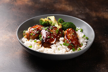 Teriyaki Pork Belly with broccoli, spring onion and rice