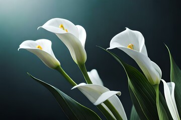 A bouquet of white calla lilies, their elegant and elongated blooms exuding sophistication